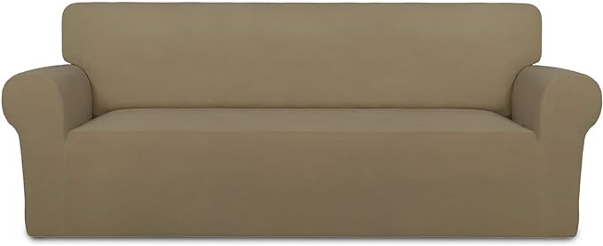 PureFit Super Stretch Sofa Slipcover – Spandex Non Slip Soft Couch Sofa Cover, Washable Furniture Protector with Non Skid Foam and Elastic Bottom for Kids, Pets （Oversized Sofa, Tan）
