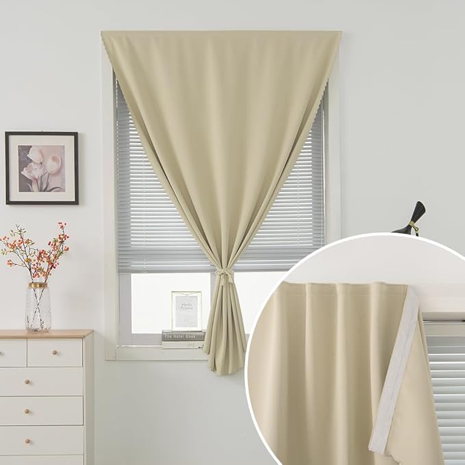 Self Adhesive Portable Blackout Curtains for Bedroom Easy to Install Window Thermal Lnsulated Kitchen Room Darkening Small Window Curtains, 47" W X 84" L, Beige, 1 Panel