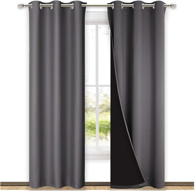 NICETOWN Grey Full Shade Curtain Panels, Pair of Thermal Insulated & Energy Efficiency Blackout Curtains for Living Room Windows, Lined Silky Window Dressing (42-inch Wide x 84-inch Long, Gray)