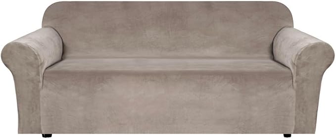 H.VERSAILTEX Stretch Velvet Sofa Covers for 3 Cushion Couch Covers Furniture Protector Soft with Non Slip Elastic Bottom, Crafted from Thick Comfy Rich Velour (Large Sofa 90"-97", Taupe)