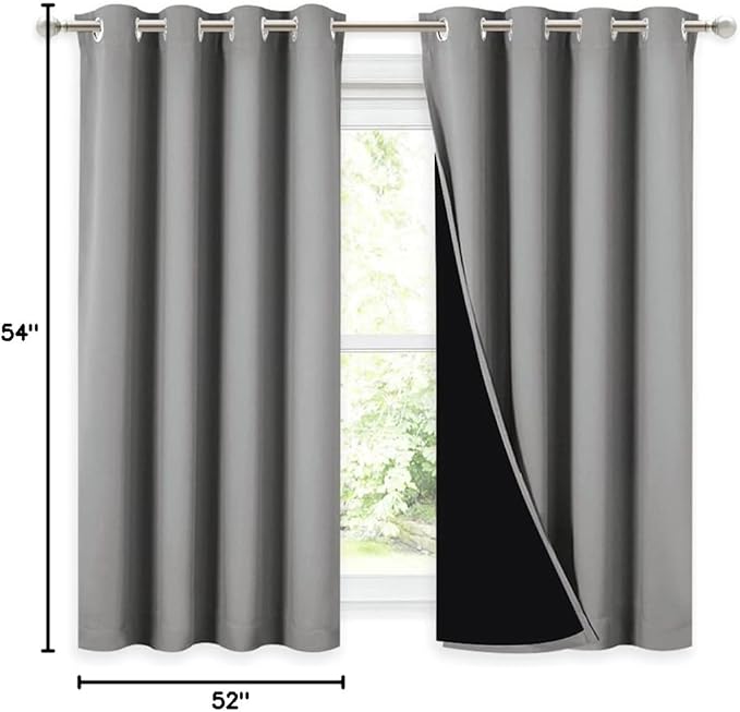 NICETOWN 100% Blackout Curtains with Black Liners, Thermal Insulated Full Blackout 2-Layer Drapes, Noise Cancellation Window Draperies for Dining Room (Silver Grey, 2 Panels, 52-inch W by 54-inch L)