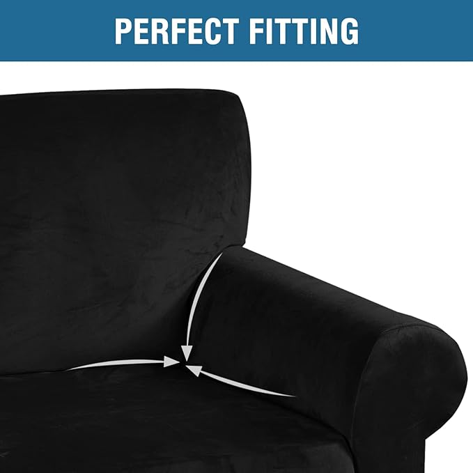 H.VERSAILTEX Stretch Velvet Sofa Covers for 3 Cushion Couch Covers Furniture Protector Soft with Non Slip Elastic Bottom, Crafted from Thick Comfy Rich Velour (Large Sofa 90"-97", Black)