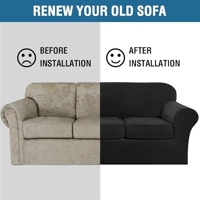H.VERSAILTEX High Stretch Sofa Slipcover 4 Piece Cover Velvet Furniture Protector Form Fit Thick Velvet Extra Large Sofa Cover for 3 Cushion Couch Width Up to 97 Inch (Large Sofa, Jet Black)