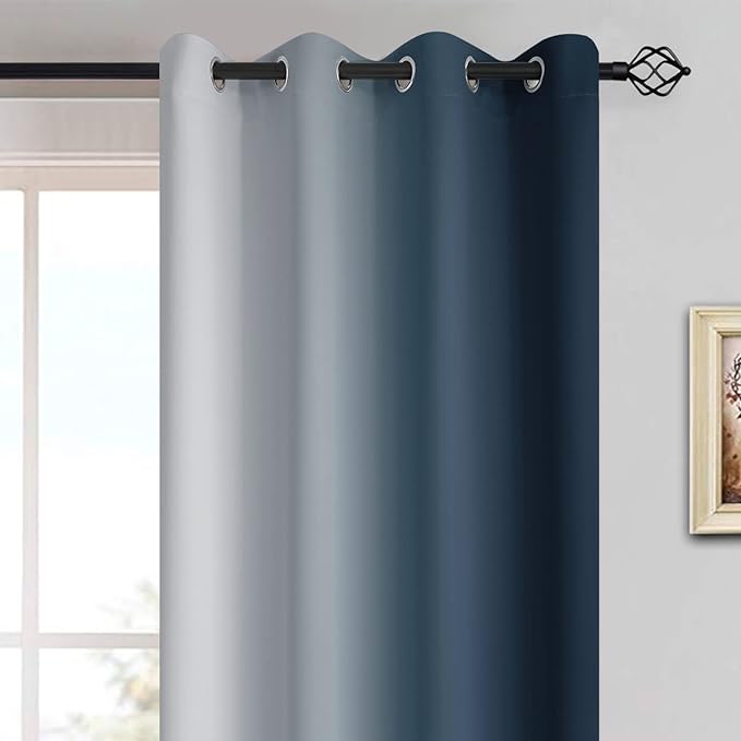 Yakamok Room Darkening Ombre Curtains 63 Inch Length, Navy Blue and Greyish White Thermal Insulated Gradient Color Curtains,Light Blocking Grommet Window Drapes for Bedroom,52 Inch Width,2 Panels