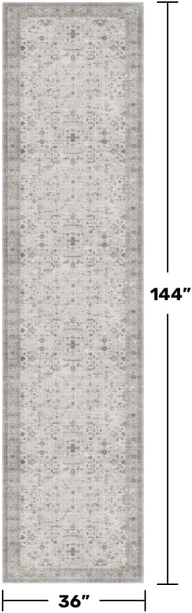 Hazo Haus Light Gray Kitchen Rug 12 ft Long - Modern Boho Eclectic Floral Geometric Decor, Washable Low Pile Non-Slip Extra Long Wide Runner Rugs for Hallway, 3x12