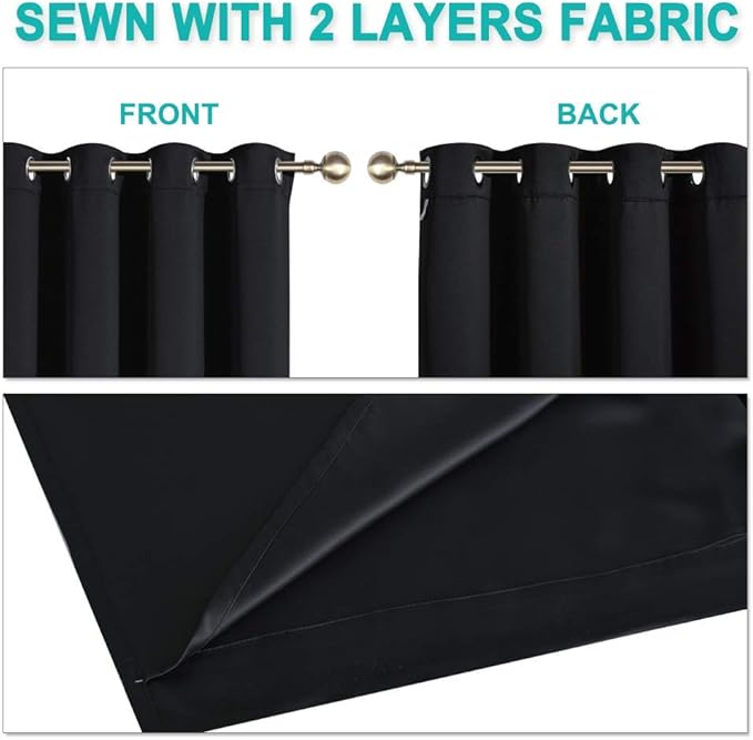 NICETOWN High-End Thermal Kitchen Curtains, Black, 37" Wide Per Panel, Set of 2 Panels, Full Blackout Curtains 70 Inches Long for Dining Room, Soundproof Window Treatment Drapes for Hall Room