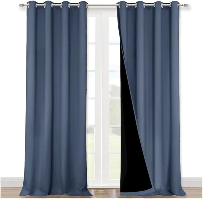 NICETOWN 100% Blackout Curtains for Windows, Pack of 2, Stone Blue, 52" W x 102" L, Super Heavy-Duty Black Lined Total Darkness Drapes for Bedroom, Privacy Assured Window Treatment for Patio
