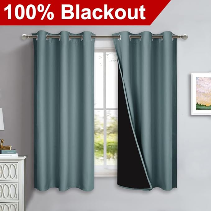 NICETOWN Greyish Blue 100% Blackout Lined Curtains, 2 Thick Layers Completely Blackout Window Treatment Panels Thermal Insulated Drapes for Kitchen (1 Pair, 42" Width x 63" Length Each Panel)