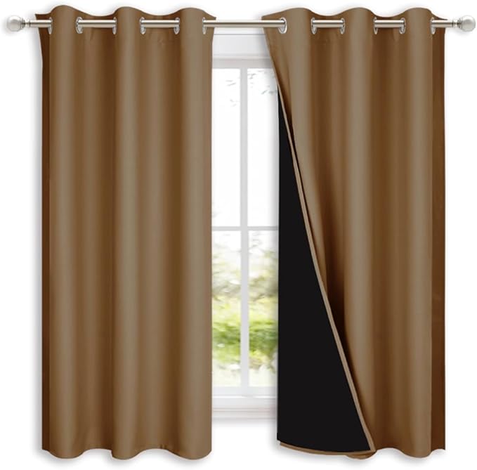 NICETOWN 100% Blackout Short Curtains with Black Liners, 2 Panels, 37" W by 40" L, Gold Brown, Solid Thermal Insulated Full Blackout 2-Layer Lined Drapes, Energy Efficiency Window Drapes for Bedroom