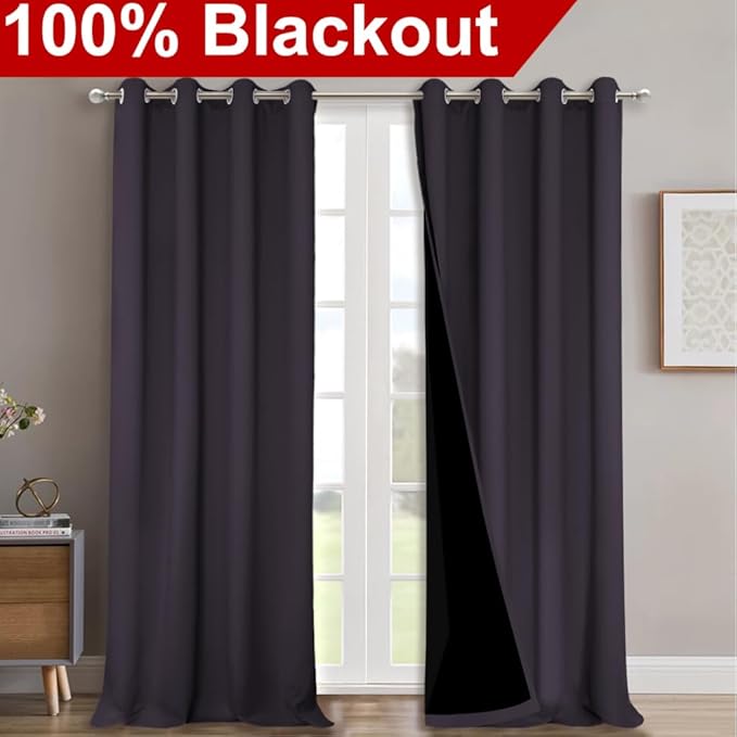 NICETOWN 100% Blackout Blinds, Set of 2, 46" x 102", Greyish Purple, Laundry Room Decor Window Treatment Curtains for Large Patio Sliding Door, Thermal Insulated Curtains for Bedroom