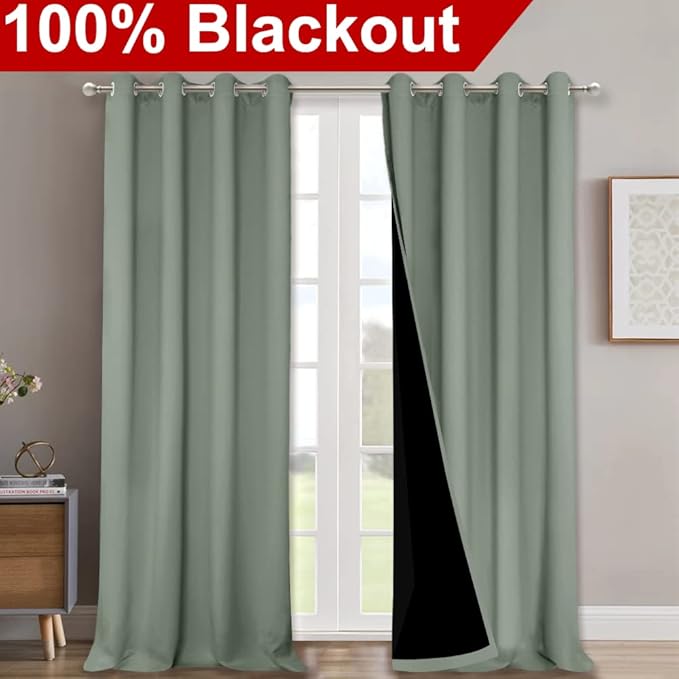 NICETOWN 100% Blackout Blinds, Set of 2, 46" x 102", Greyish Green, Laundry Room Decor Window Treatment Curtains for Large Patio Sliding Door, Thermal Insulated Curtains for Bedroom