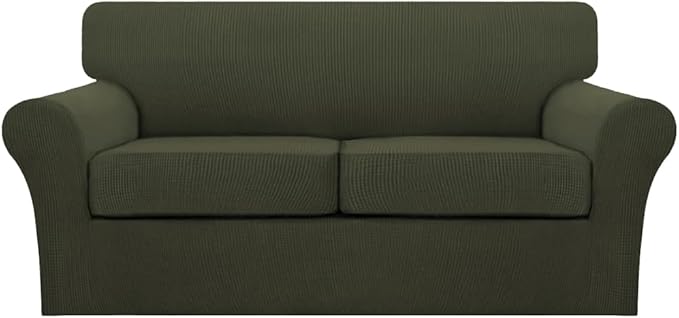 Turquoize 3 Piece Sofa Covers for 2 Cushion Couch Sofa Slipcover Soft Couch Cover for Dogs-Washable Sofa Furniture Cover with 2 Individual Cushion Covers, Feature Fabric (2 Cushion Sofa, Olive)