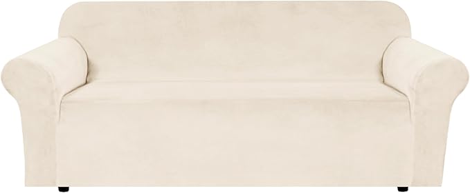 H.VERSAILTEX Stretch Velvet Sofa Covers for 3 Cushion Couch Covers Protector Soft with Non Slip Elastic Bottom, Crafted from Thick Comfy Rich Velour (Large Sofa 90"-97", Cream)
