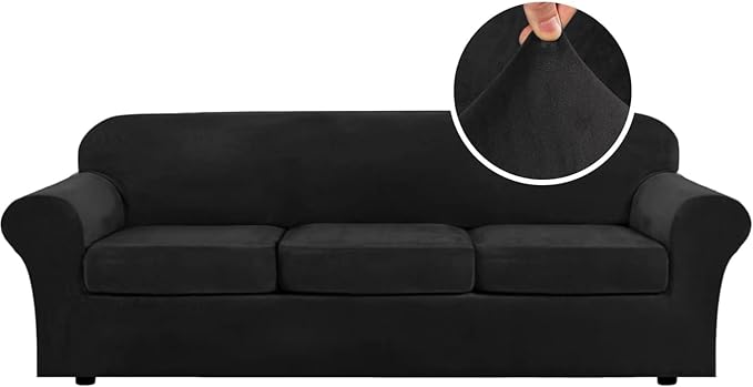 H.VERSAILTEX High Stretch Sofa Slipcover 4 Piece Cover Velvet Furniture Protector Form Fit Thick Velvet Extra Large Sofa Cover for 3 Cushion Couch Width Up to 97 Inch (Large Sofa, Jet Black)