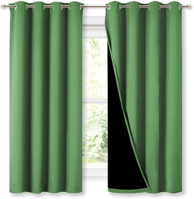 NICETOWN 100% Blackout Curtains with Black Liners, Forest Green, 2 Panels, 52-inch W by 63-inch L, Thermal Insulated Full Blackout 2-Layer Lined Drapes, Energy Efficiency Window Draperies for Bedroom