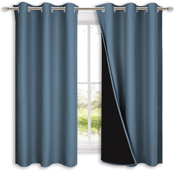 NICETOWN 100% Blackout Lined Curtains, Smoky Blue, 1 Pair, 42" Width x 63" Length Each Panel, 2 Thick Layers Completely Blackout Window Treatment Panels Thermal Insulated Drapes for Kitchen