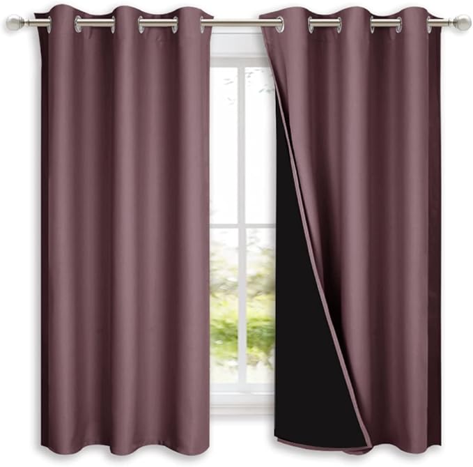 NICETOWN 100% Blackout Short Curtains with Black Liners, 2 Panels, 37" W by 40" L, Dry Rose, Solid Thermal Insulated Full Blackout 2-Layer Lined Drapes, Energy Efficiency Window Draperies for Bedroom