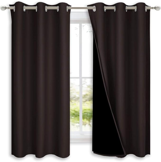 NICETOWN 100% Blackout Short Curtains with Black Liners, 2 Panels, 37" W by 50" L, Toffee Brown, Solid Thermal Insulated Full Blackout 2-Layer Lined Drapes, Energy Efficiency Window Drapes for Bedroom