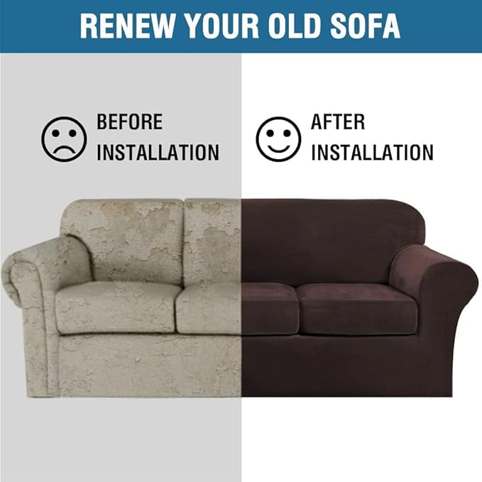 H.VERSAILTEX Modern Velvet Plush 4 Piece High Stretch Sofa Slipcover Cover Form Fit Luxury Thick Velvet Extra Large Sofa Cover for 3 Cushion Couch Width Up to 105 Inch (XL Sofa, Brown)