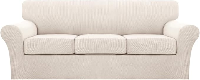 Turquoize 4 Piece Sofa Covers for 3 Cushion Couch Sofa Slipcover Soft Couch Cover for Dogs Washable Furniture Cover with 3 Individual Large Cushion Covers Feature Fabric (Large Sofa, Ivory)