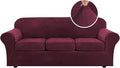 H.VERSAILTEX High Stretch Sofa Slipcover 4 Piece Cover Velvet Furniture Protector Form Fit Thick Velvet Extra Large Sofa Cover for 3 Cushion Couch Width Up to 97 Inch (Large Sofa, Wine/Burgundy)
