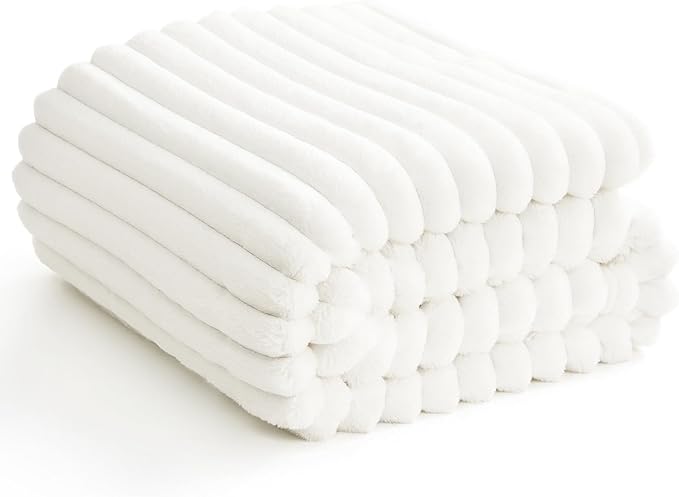 HIMEET Off White Ribbed Queen Size Blanket for Bed - 300GSM Lightweight Fleece Blanket for Men Women, Large Sofa Couch Cover Bed Blankets Gifts, Striped Spring Home Room Decor, Off White, 90x90 Inches
