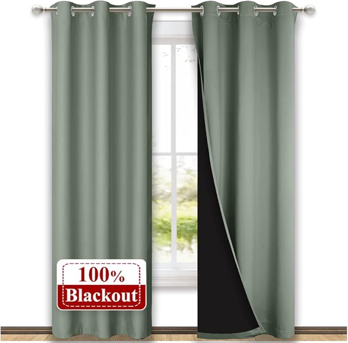 NICETOWN Greyish Green Blackout Curtains 80 inches Long, Full Light Blocking Drapes with Black Liner for Nursery, Thermal Insulated Draperies for Hall, Villa (2 Pieces, 42" Wide Each Panel)