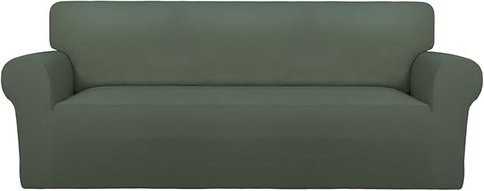 PureFit Super Stretch Sofa Slipcover – Spandex Non Slip Soft Couch Sofa Cover, Washable Furniture Protector with Non Skid Foam and Elastic Bottom for Kids, Pets （Oversized Sofa, Grayish Green）