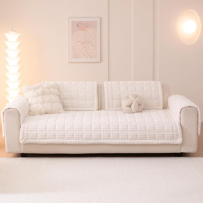 Couch Cover for Dogs Washable, Fuzzy Pet Couch Covers for 3 Cushion Sofa Pet Friendly, Non Slip Sofa Cover (White, 35" x 63"/90 x 160cm)