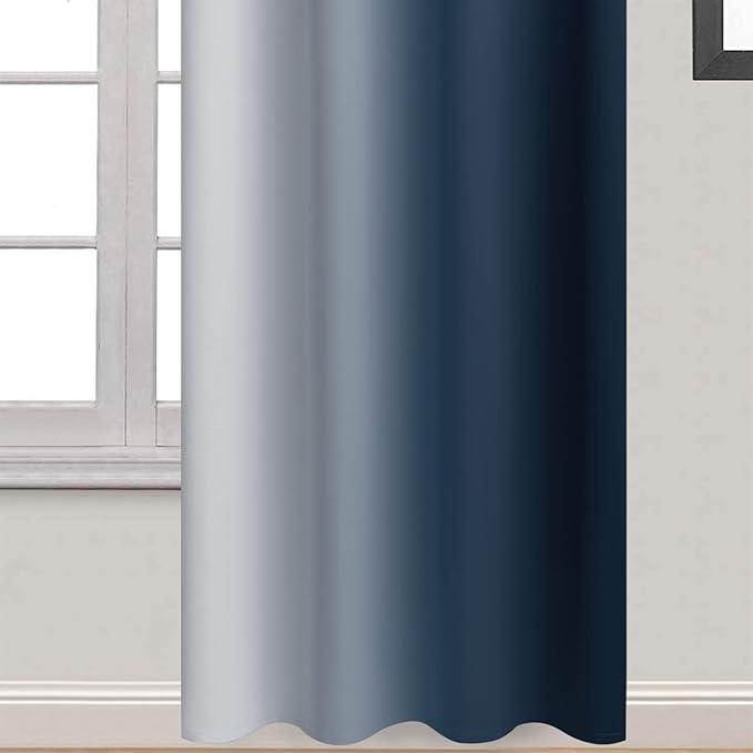 Yakamok Room Darkening Ombre Curtains 96 Inch Length, Navy Blue and Greyish White Thermal Insulated Gradient Color Curtains,Light Blocking Grommet Window Drapes for Bedroom,52 Inch Width,2 Panels