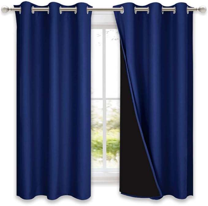 NICETOWN 100% Blackout Curtains 45 inches Long, Royal Blue, 1 Pair, 42 inches Width Each Panel, 2 Thick Layers Completely Blackout Window Treatment Thermal Insulated Lined Drapes for Small Window