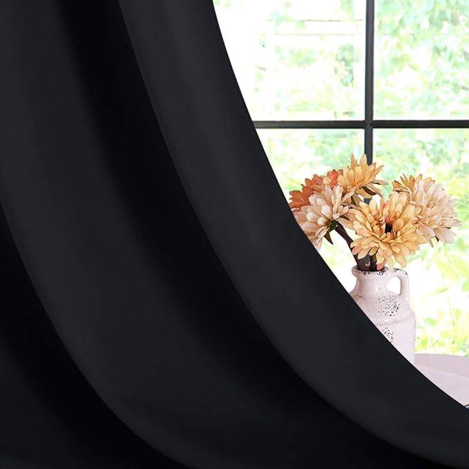 NICETOWN Living Room Blackout Curtains and Drapes, 2 Panels, 42 inches Wide by 60 inches Long, Black Solid Thermal Insulated Grommet Blackout Drapery Panels for Window