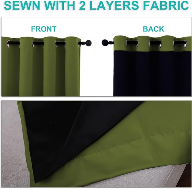 NICETOWN 100% Blackout Lined Curtains, Olive Green, 1 Pair, 70" Width x 63" Length Each Panel, 2 Thick Layers Completely Blackout Window Treatment Thermal Insulated Drapes for Kitchen/Bedroom