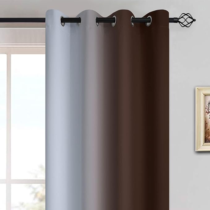 Yakamok 84 Inch Length Thermal Insulated Gradient Color Ombre Curtains with Grommet, Room Darkening Window Drapes for Bedroom (Brown and Greyish White, 52x84 Inch, Set of 2)