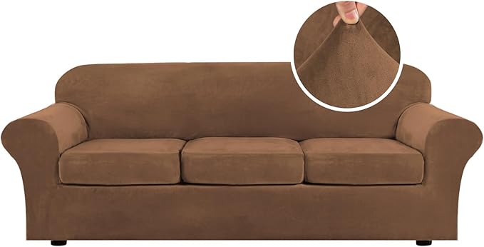 H.VERSAILTEX High Stretch Sofa Slipcover 4 Piece Cover Velvet Furniture Protector Form Fit Thick Velvet Extra Large Sofa Cover for 3 Cushion Couch Width Up to 97 Inch (Large Sofa, Caramel)