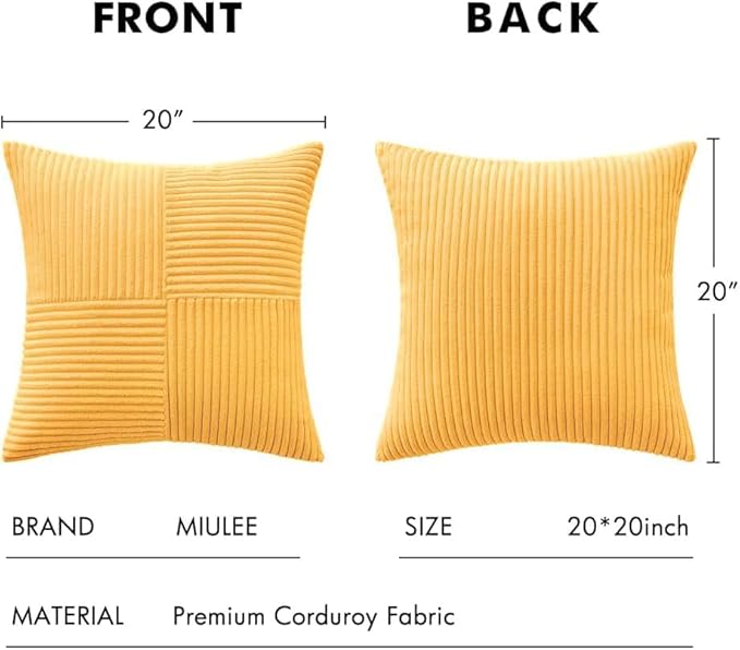 MIULEE Yellow Decorative Throw Pillow Covers 18x18 Inch for Couch Bed Sofa Pack of 2 Boho Farmhouse Throw Pillows Soft Cross Corduroy Patchwork Textured Cushion Cases