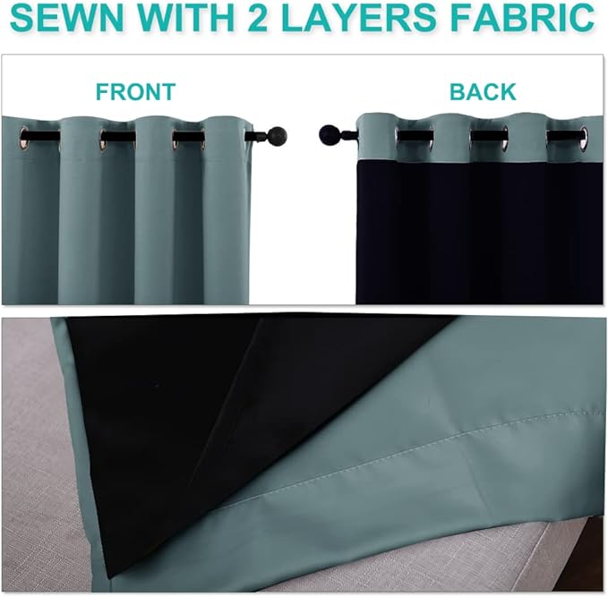 NICETOWN Greyish Blue Blackout Curtains 90 inches Long, Full Light Blocking Drapes with Black Liner for Nursery, Thermal Insulated Draperies for Hall, Villa (2 Pieces, 46" Wide Each Panel)
