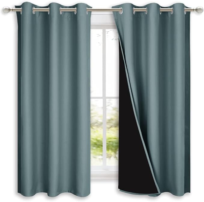 NICETOWN Greyish Blue 100% Blackout Lined Curtains, 2 Thick Layers Completely Blackout Window Treatment Panels Thermal Insulated Drapes for Kitchen (1 Pair, 42" Width x 63" Length Each Panel)