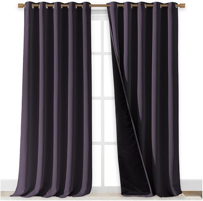 NICETOWN 100% Blackout Curtains for Windows, Pack of 2, 70" W x 108" L, Greyish Purple, Super Heavy-Duty Black Lined Total Darkness Drapes for Bedroom, Privacy Assured Window Treatment for Patio