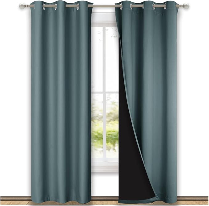 NICETOWN Greyish Blue Blackout Curtains 80 inches Long, Full Light Blocking Drapes with Black Liner for Nursery, Thermal Insulated Draperies for Hall, Villa (2 Pieces, 42" Wide Each Panel)