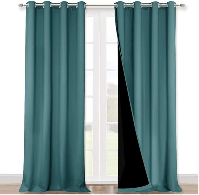 NICETOWN 100% Blackout Blinds, Set of 2, 46" x 102", Sea Teal, Laundry Room Decor Window Treatment Curtains for Large Patio Sliding Door, Thermal Insulated Curtains for Bedroom