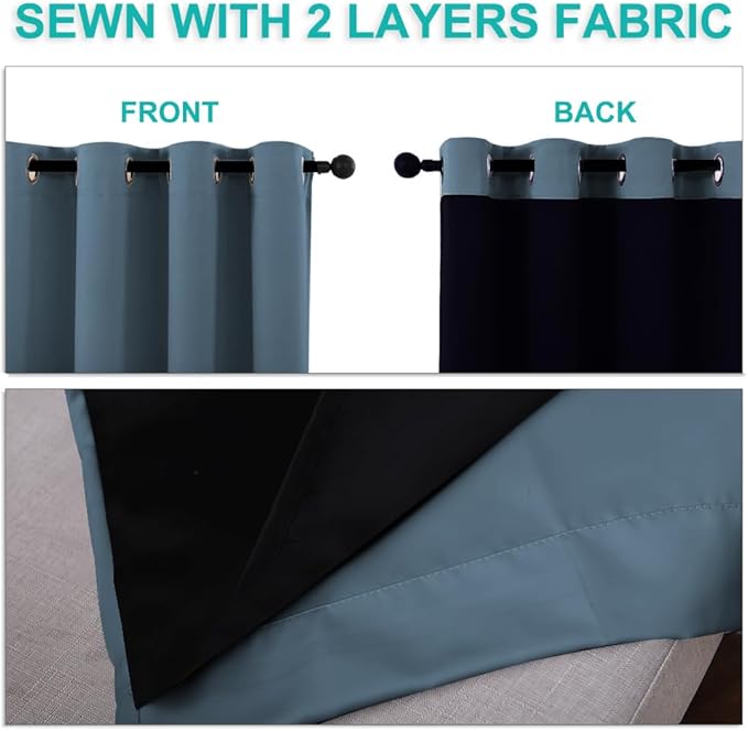 NICETOWN 100% Blackout Curtains 45" Long, Smoky Blue, 1 Pair, 52" Width Each Panel, 2 Thick Layers Completely Blackout Window Treatment Thermal Insulated Lined Drapes for Small Window