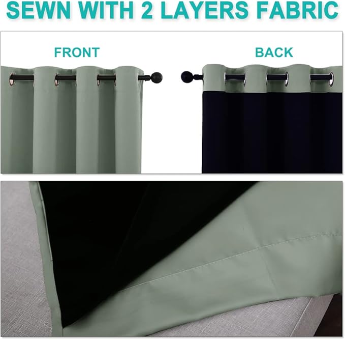 NICETOWN Greyish Green Blackout Curtains 90 inches Long, Full Light Blocking Drapes with Black Liner for Nursery, Thermal Insulated Draperies for Hall, Villa (2 Pieces, 46" Wide Each Panel)