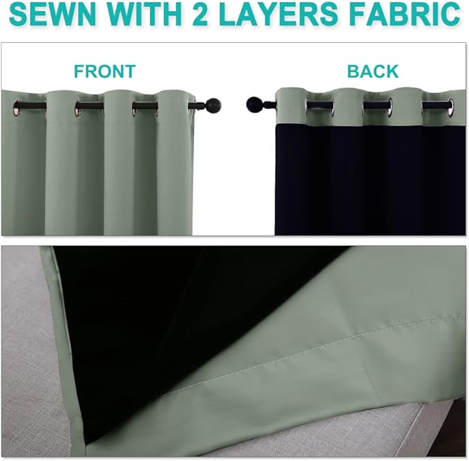 NICETOWN Greyish Green 100% Blackout Curtains 45 inches Long, 2 Thick Layers Completely Blackout Window Treatment Thermal Insulated Lined Drapes for Small Window (1 Pair, 42 inches Width Each Panel)