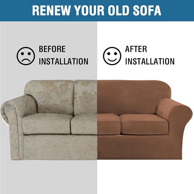 H.VERSAILTEX High Stretch Sofa Slipcover 4 Piece Cover Velvet Furniture Protector Form Fit Thick Velvet Extra Large Sofa Cover for 3 Cushion Couch Width Up to 97 Inch (Large Sofa, Caramel)