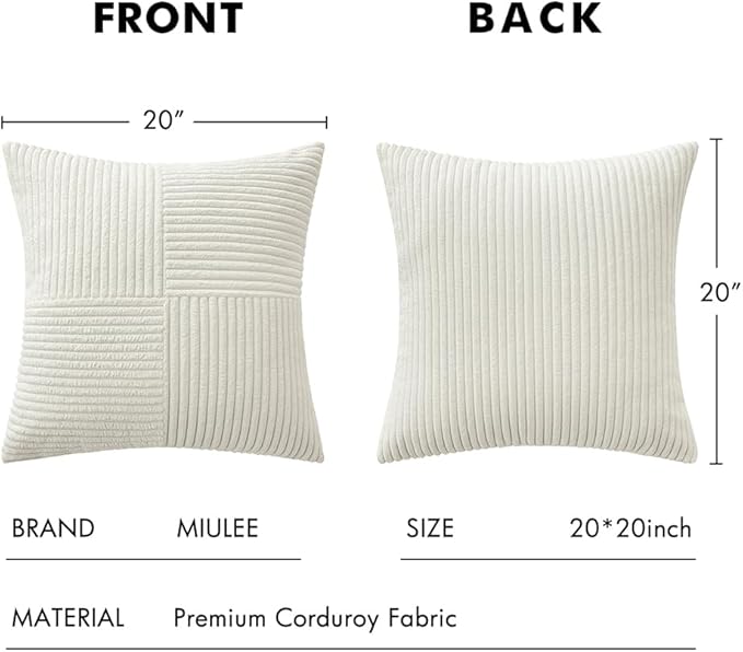 MIULEE White Decorative Throw Pillow Covers 20x20 Inch for Couch Bed Sofa Pack of 2 Boho Farmhouse Throw Pillows Soft Cross Corduroy Patchwork Textured Cushion Cases