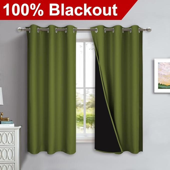 NICETOWN 100% Blackout Curtains 54" Long, Olive Green, 1 Pair, 42" Width Each Panel, Double-Deck Completely Blackout Window Treatment Thermal Insulated Lined Drapes for Small Window