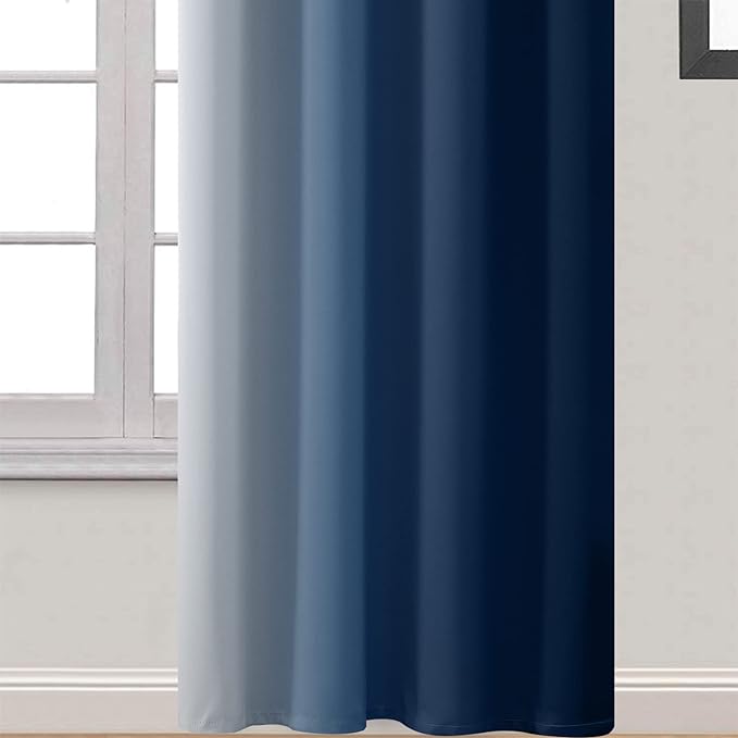Yakamok Greyish White to Blue Ombre Curtain for Bedroom, Light Blocking Thermal Insulated Window Drape for Living Room(1 Panel, 52x84 Inch)