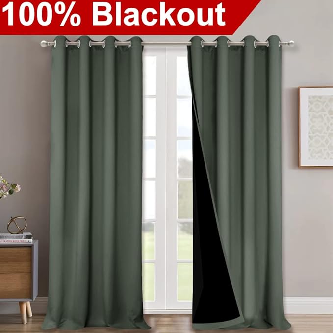 NICETOWN 100% Blackout Blinds, Set of 2, 46" x 96", Dark Mallard, Laundry Room Decor Window Treatment Curtains for Large Patio Sliding Door, Thermal Insulated Curtains for Bedroom