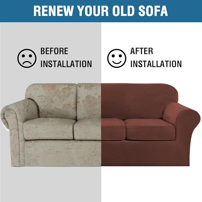 H.VERSAILTEX High Stretch Sofa Slipcover 4 Piece Cover Velvet Furniture Protector Form Fit Thick Velvet Extra Large Sofa Cover for 3 Cushion Couch Width Up to 97 Inch (Large Sofa, Burnt Brick)